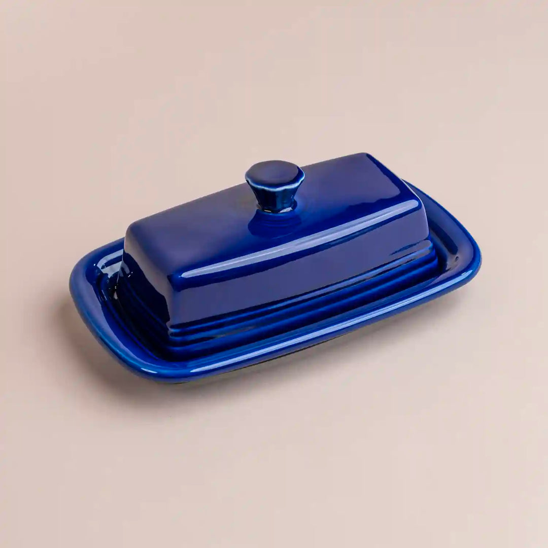 Fiesta ware twilight blue covered butter dish.