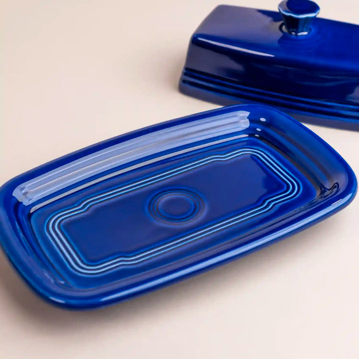 Fiesta ware twilight blue covered butter dish.