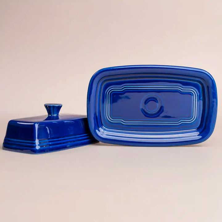 Fiesta ware twilight blue covered butter dish.