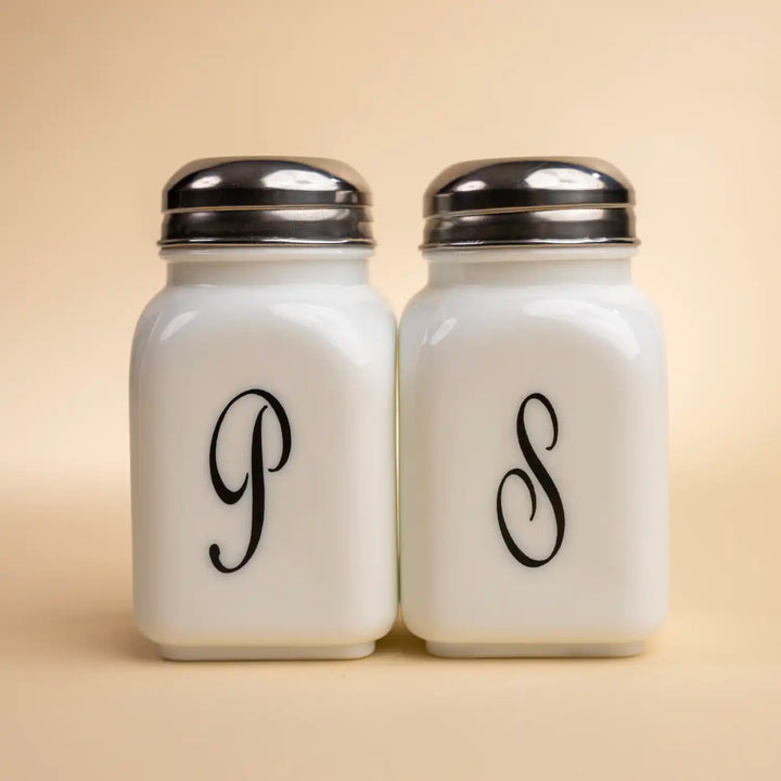 Milk Glass Vintage Salt and Pepper Shakers with Monogram