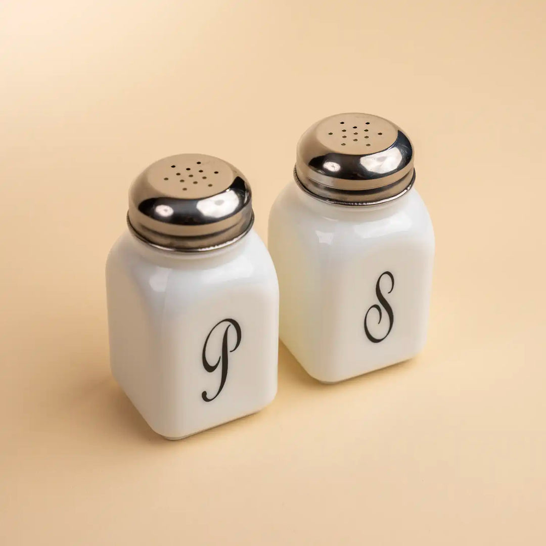 Milk Glass Vintage Salt and Pepper Shakers with Monogram