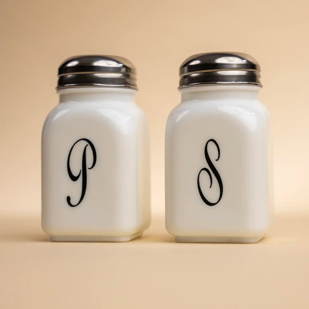 Milk Glass Vintage Salt and Pepper Shakers with Monogram