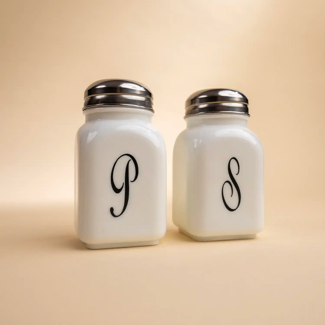 Milk Glass Vintage Salt and Pepper Shakers with Monogram